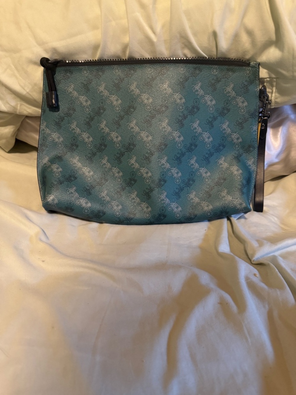 Coach Teal Signature Canvas Pouch with Yellow Traffic Sign Accent - Picture 3 of 7